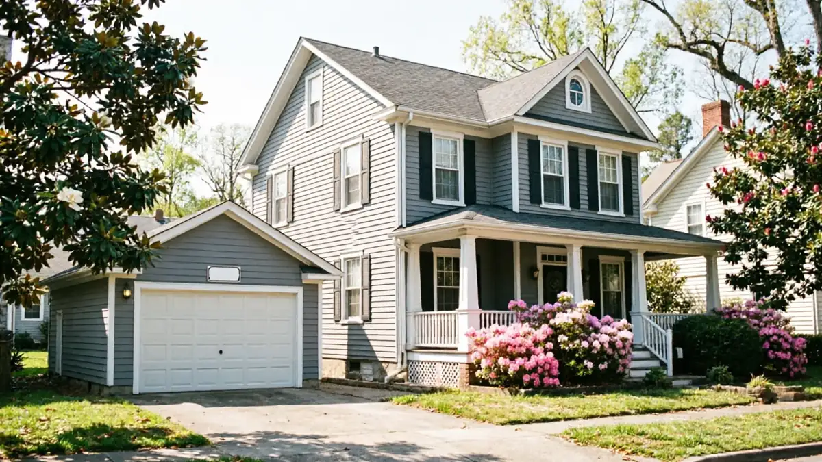 The house has a white garage door, gray siding, and a front porch with pink flowers.