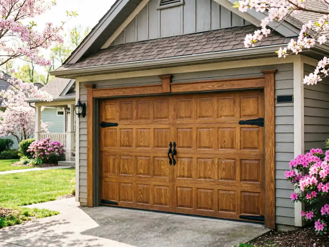 The garage door is brown with decorative black hardware on a house with gray siding.